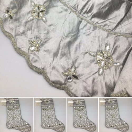 5pc Kim Seybert Silver 62" Christmas Tree Skirt 4 Stocking Set Beaded Designer