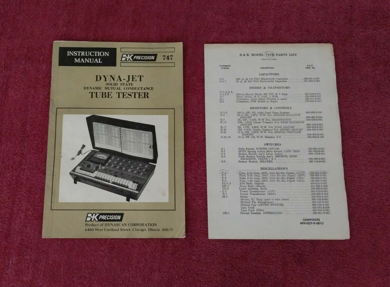 Vintage B&k 747 Tube Tester Manual With Parts List & Schematic Original