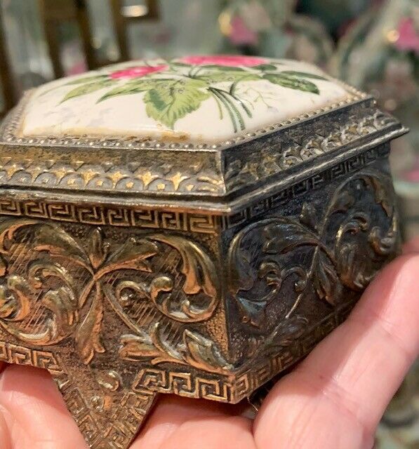 Vintage Brass & Porcelain Trinket / Jewelry  Box, Gold  Made In Japan, Roses.