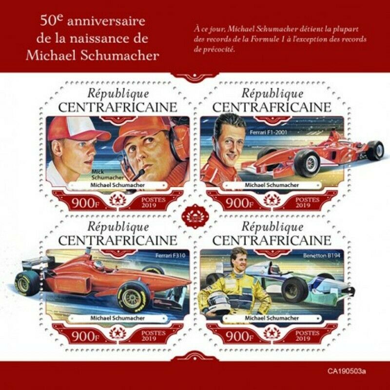Central Africa - 2019 Michael Schumacher - 4 Stamp Sheet - Ca190503a