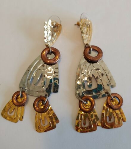 Nf Signed Earrings Dangle Gold Silver Copper Tri Tone Large Statement Tribal
