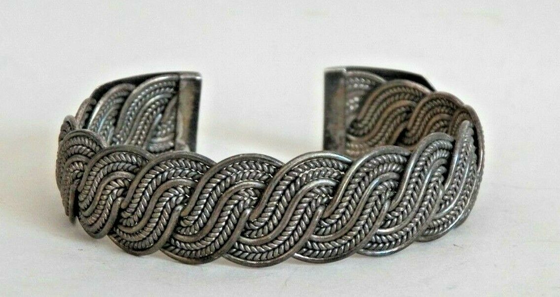 Gorgeous~antique Victorian Vntg~sterling~wide-lg Size~braided Cuff Bracelet~44g