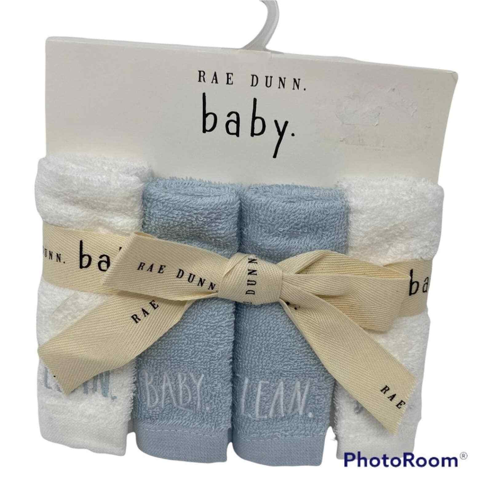 Rae Dunn Baby Baby Blue And White Embroidered Cotton Wash Cloths Set Of 4