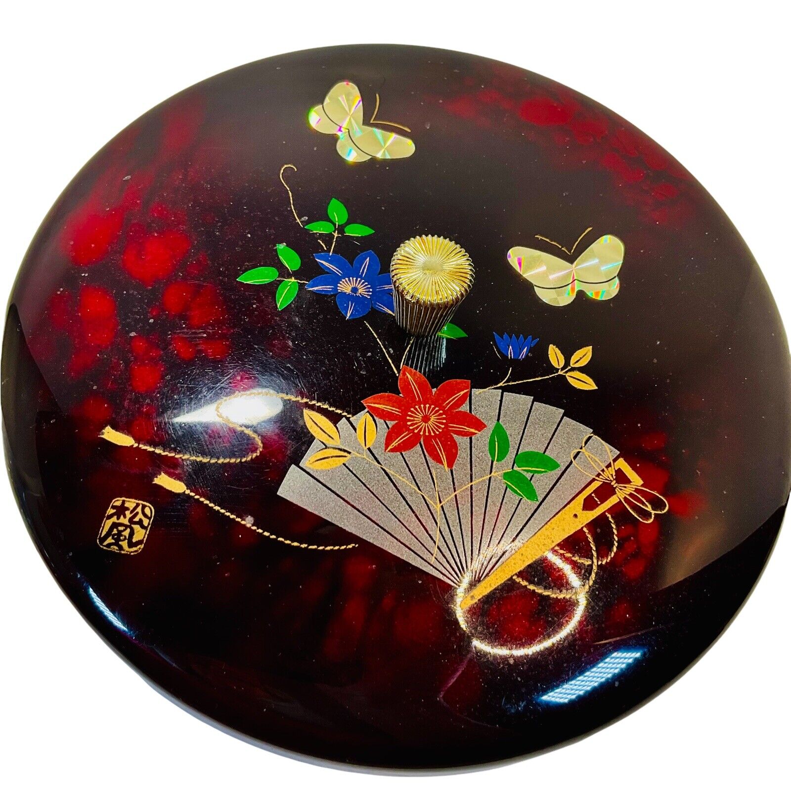 Ono Japan Lacquer Round Trinket Tea Box Lid Asian Gold Butterflies Fan Vintage
