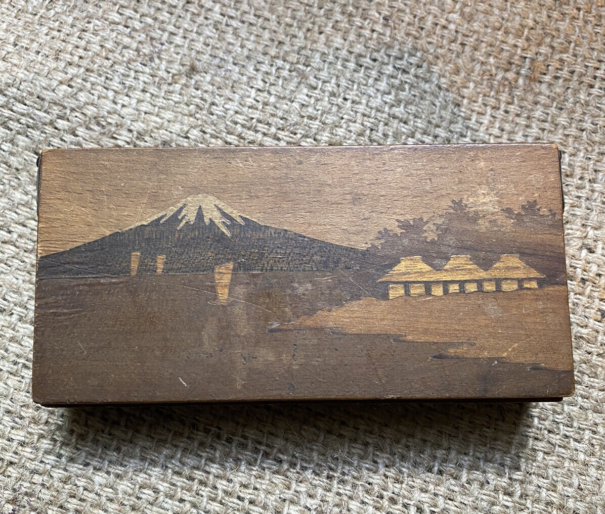 Vtg Japanese Puzzle Box Inlay Mt. Fuji, Trees, Boat, Huts-has A Number Game