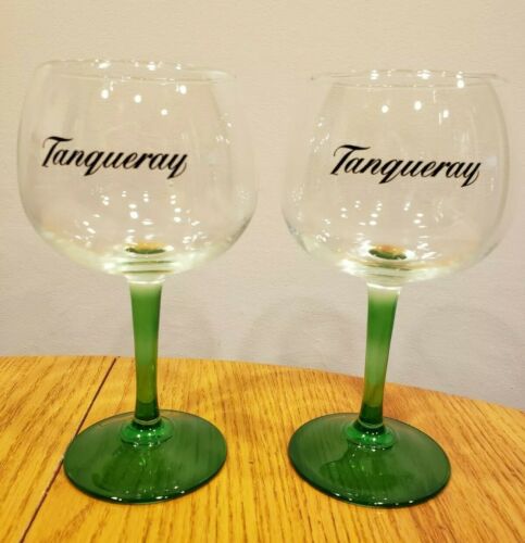 [set Of 2] Glass Tanqueray Gin Balloon Goblet Crystal Promo Cocktail Green Stem