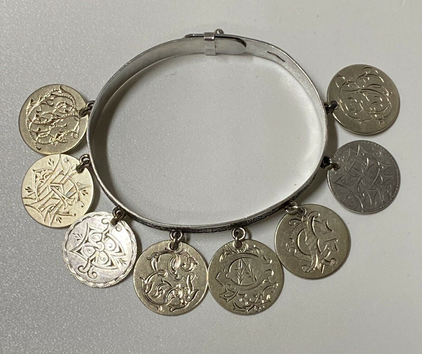 8 Love Token Engraved Antique Coin Bracelet Sterling Silver