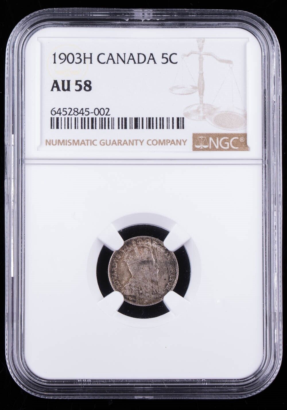 Canada 1903 H Five Cent Ngc Au58 Km#13 Large Small H? Silver 5c